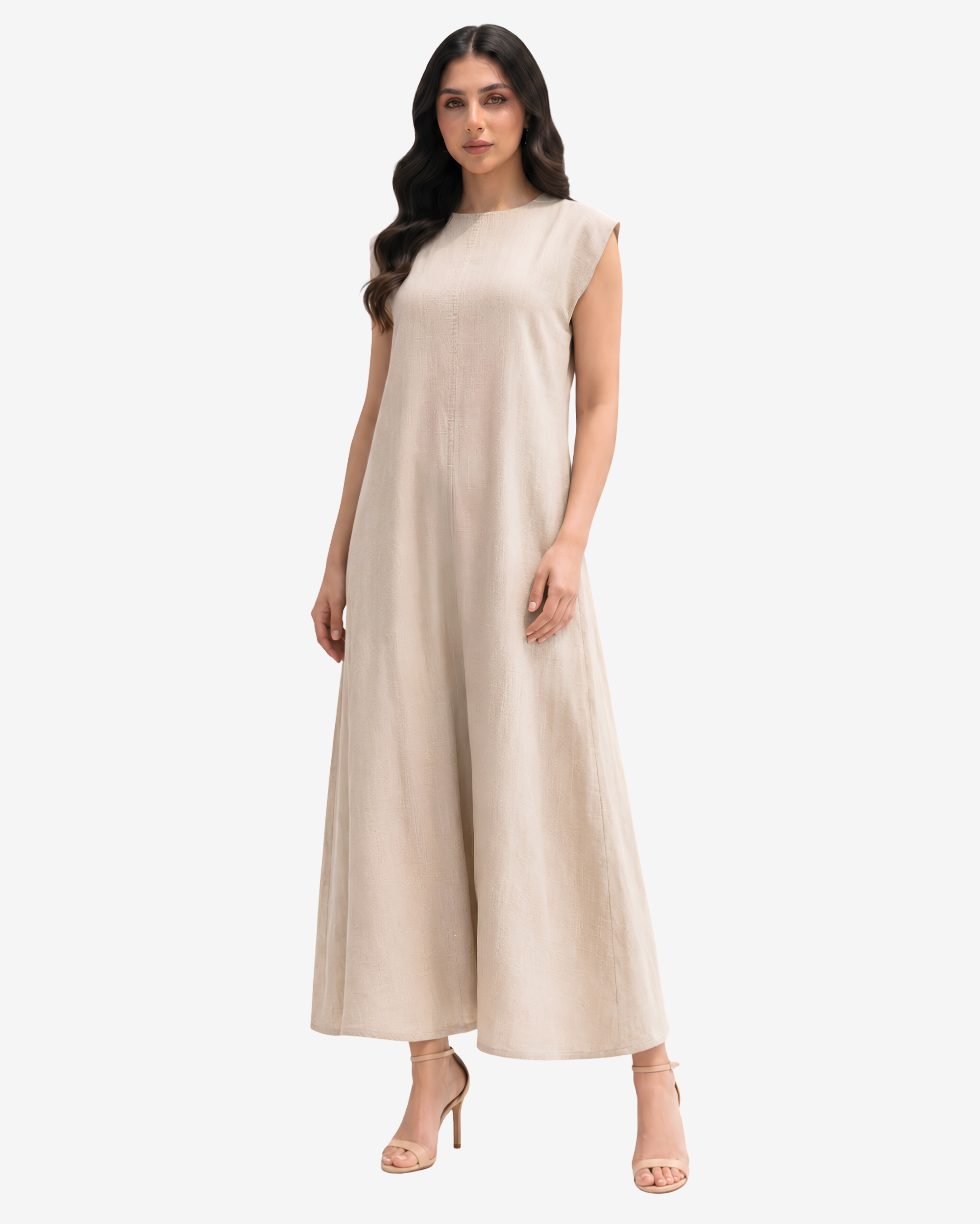 Front view of the Desert Sand Linen Blend Maxi Dress showcasing its relaxed fit, round neckline, and breathable linen blend fabric.