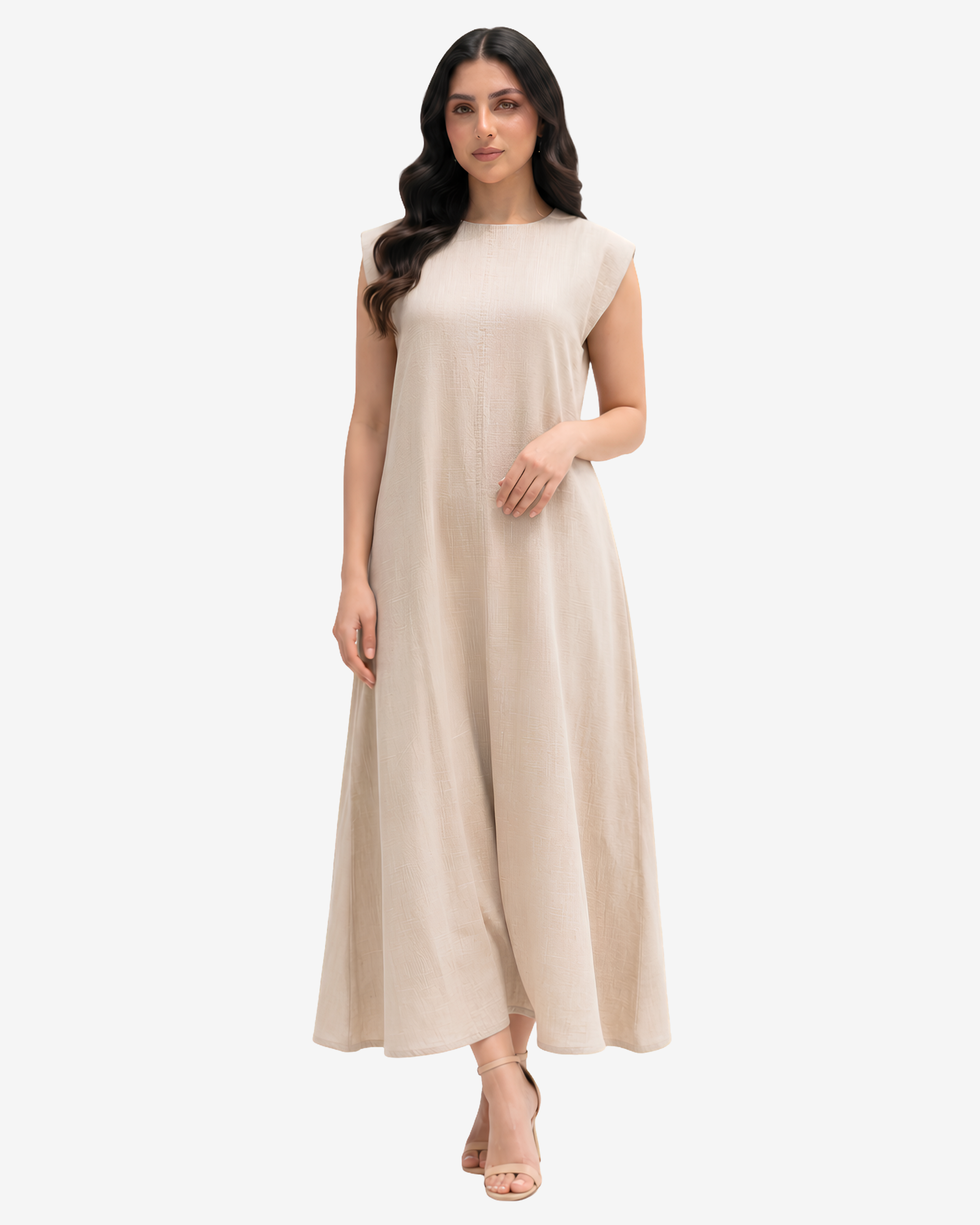 Elegant Desert Sand Linen Blend Maxi Dress with cap sleeves and a minimalist full-length design for effortless modest style.