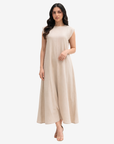 Elegant Desert Sand Linen Blend Maxi Dress with cap sleeves and a minimalist full-length design for effortless modest style.