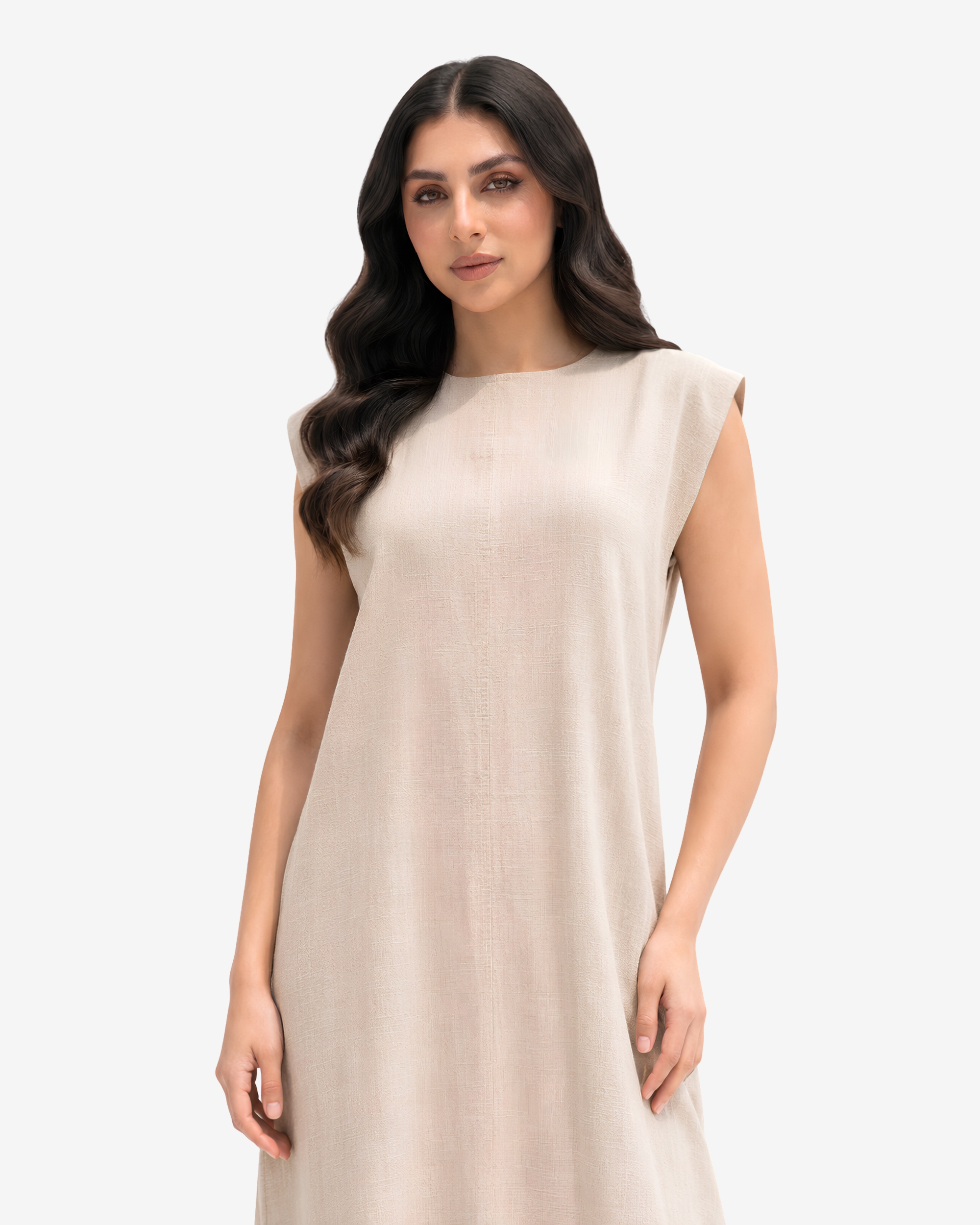 Close-up of the Desert Sand Linen Blend Maxi Dress highlighting the classic round neckline, cap sleeves, and textured linen blend fabric by Gharza Couture.