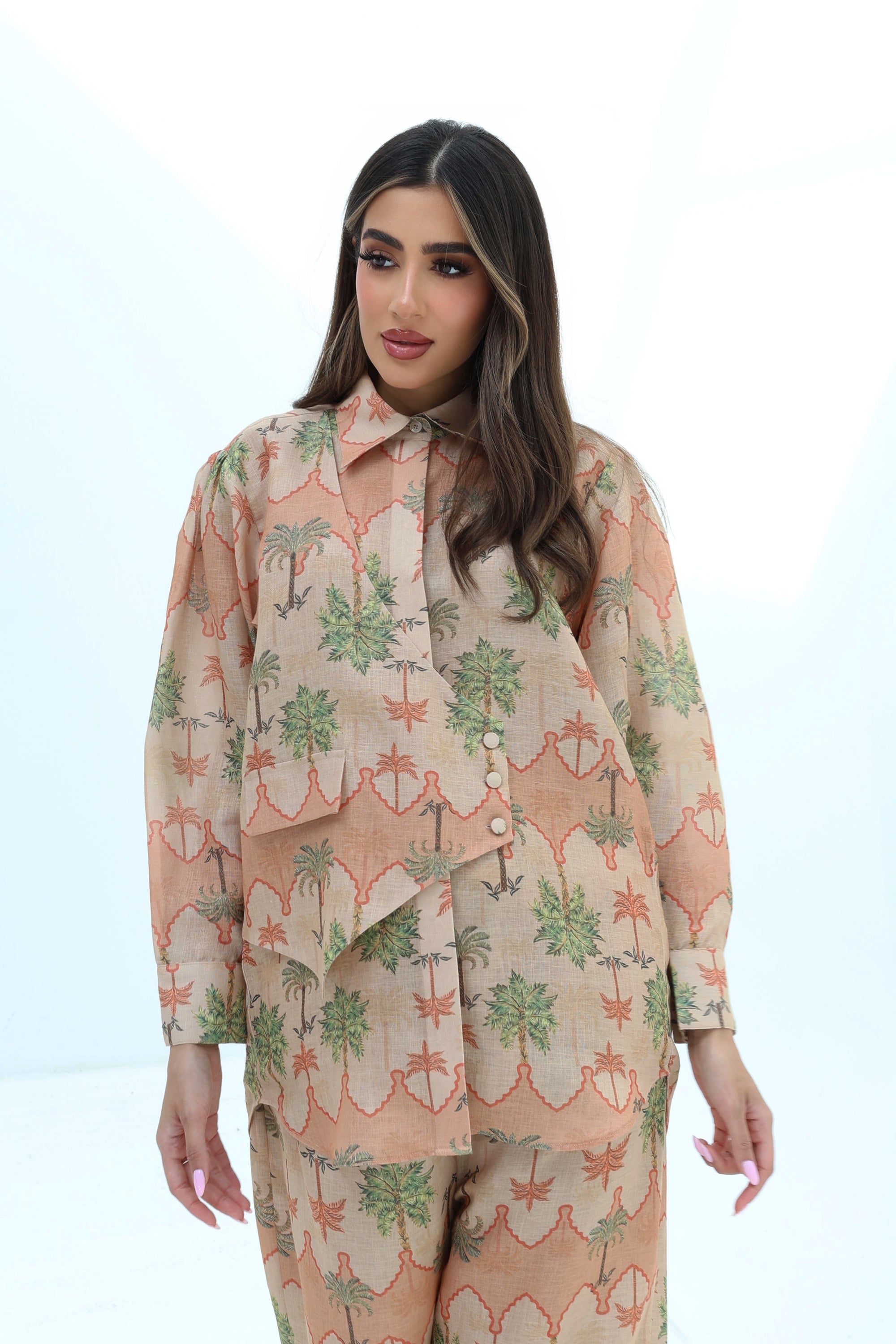 Close-up front view of the Desert Palm Linen Blend Co-Ord Set highlighting the palm print, tailored shirt and premium linen blend fabric.