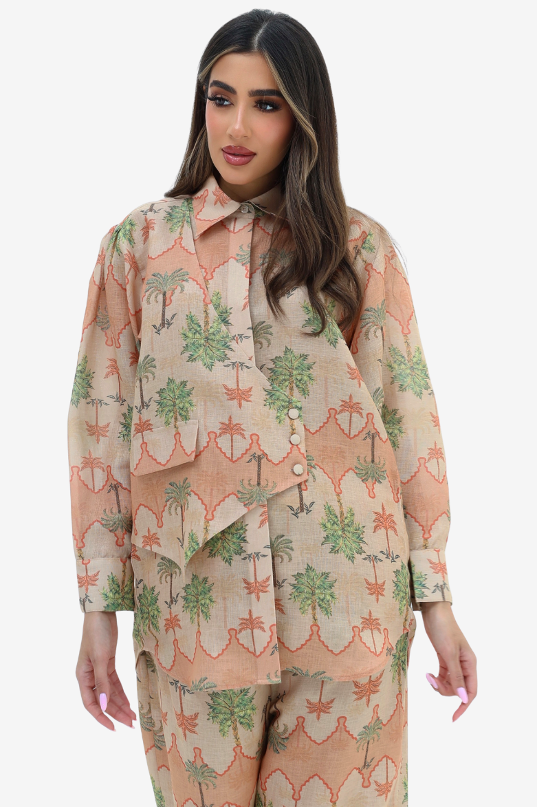 Three-quarter view of the Desert Palm Linen Blend Co-Ord Set in breathable linen blend with an elegant palm-inspired print.
