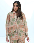Close-up front view of the Desert Palm Linen Blend Co-Ord Set highlighting the palm print, tailored shirt and premium linen blend fabric.
