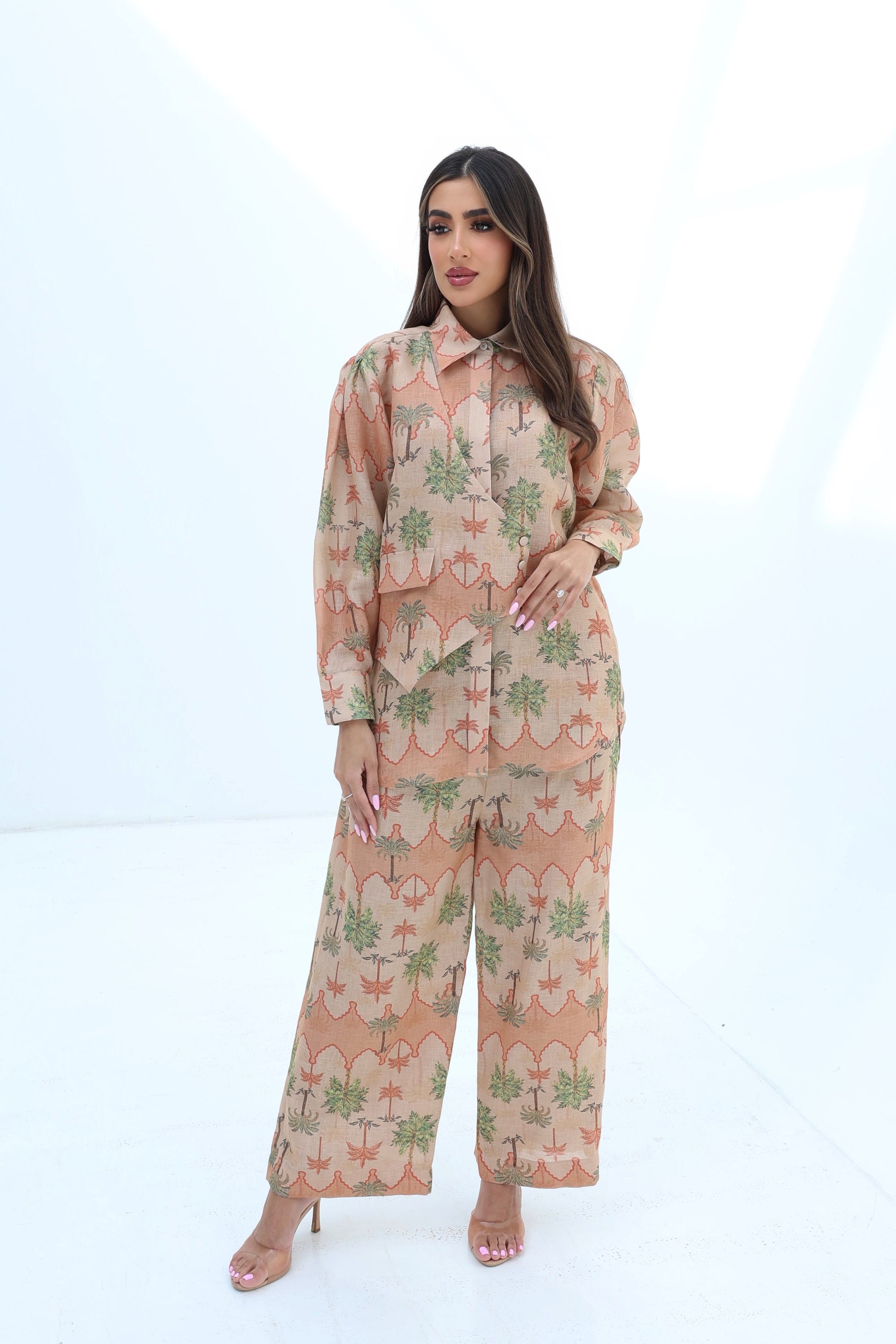 Full-length view of the Desert Palm Linen Blend Co-Ord Set in premium linen blend with a coordinated palm print design.