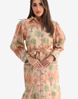 Shirt collar and button-front detail on the Desert Palm Pleated Linen Blend Dress