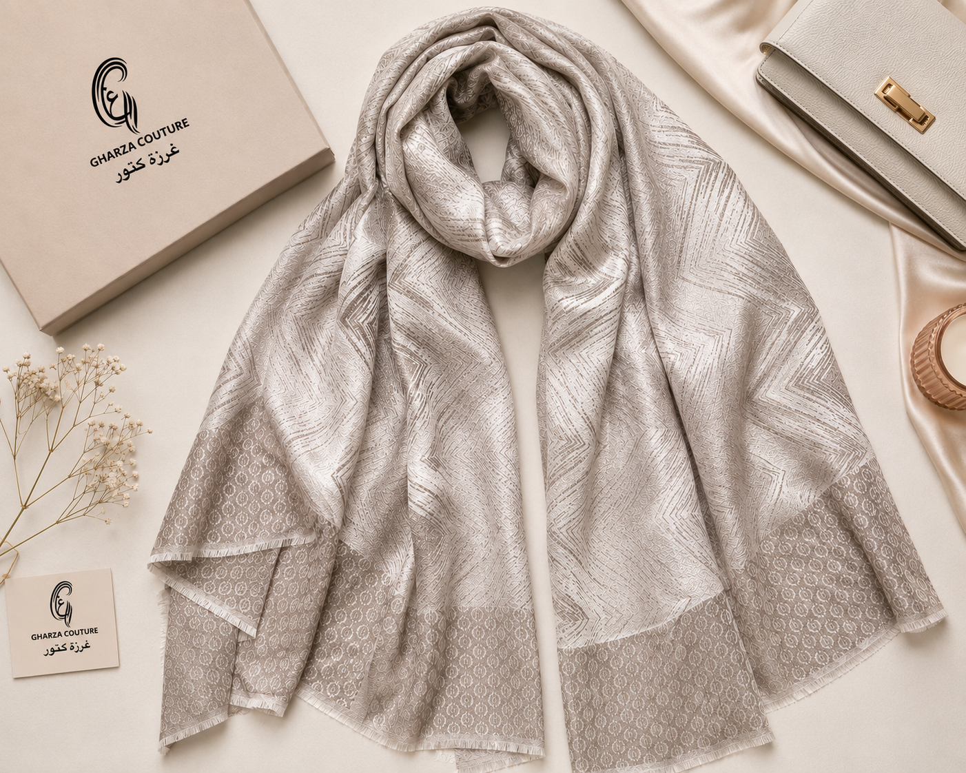 A light beige and silver patterned scarf draped elegantly on a cream surface, styled with a beige brand box, a clutch, dried flowers, and a small branded card. The box and card display the brand name 'GAMREA COUTURE'.