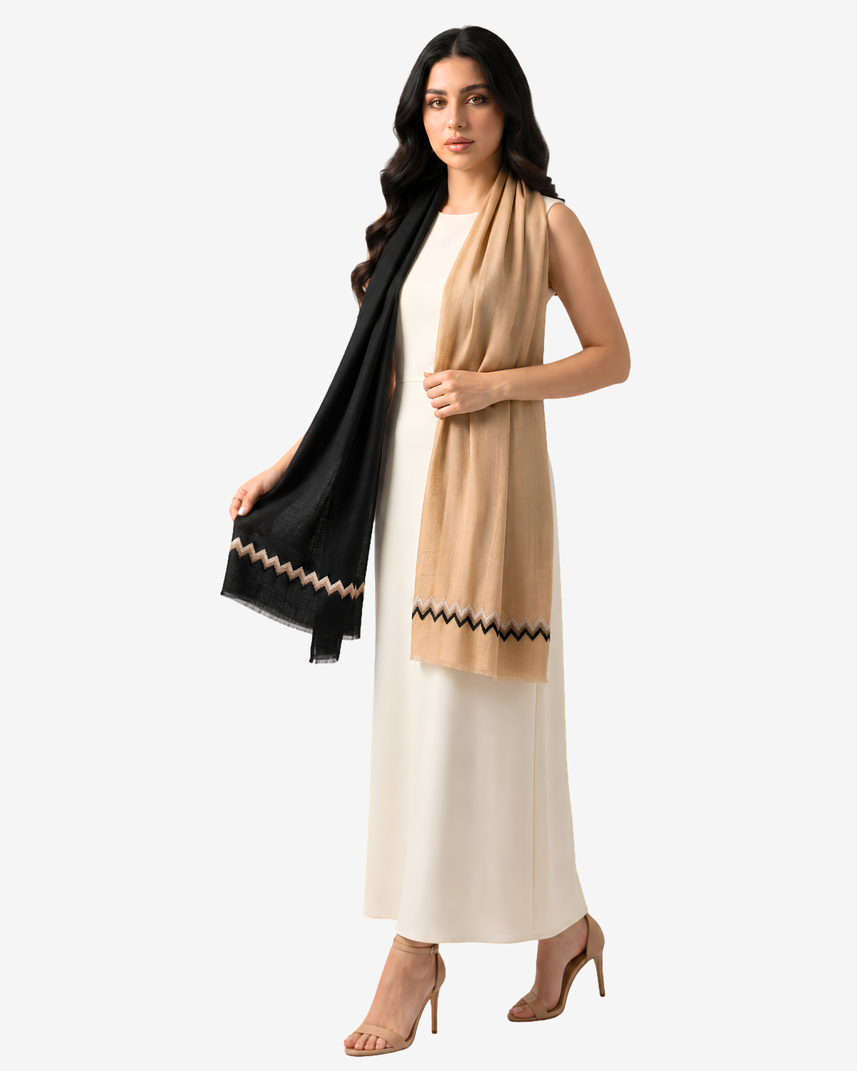 Camel side of Dual Tone Zigzag Cashmere Silk Shawl styled over a white dress with black zigzag border detail