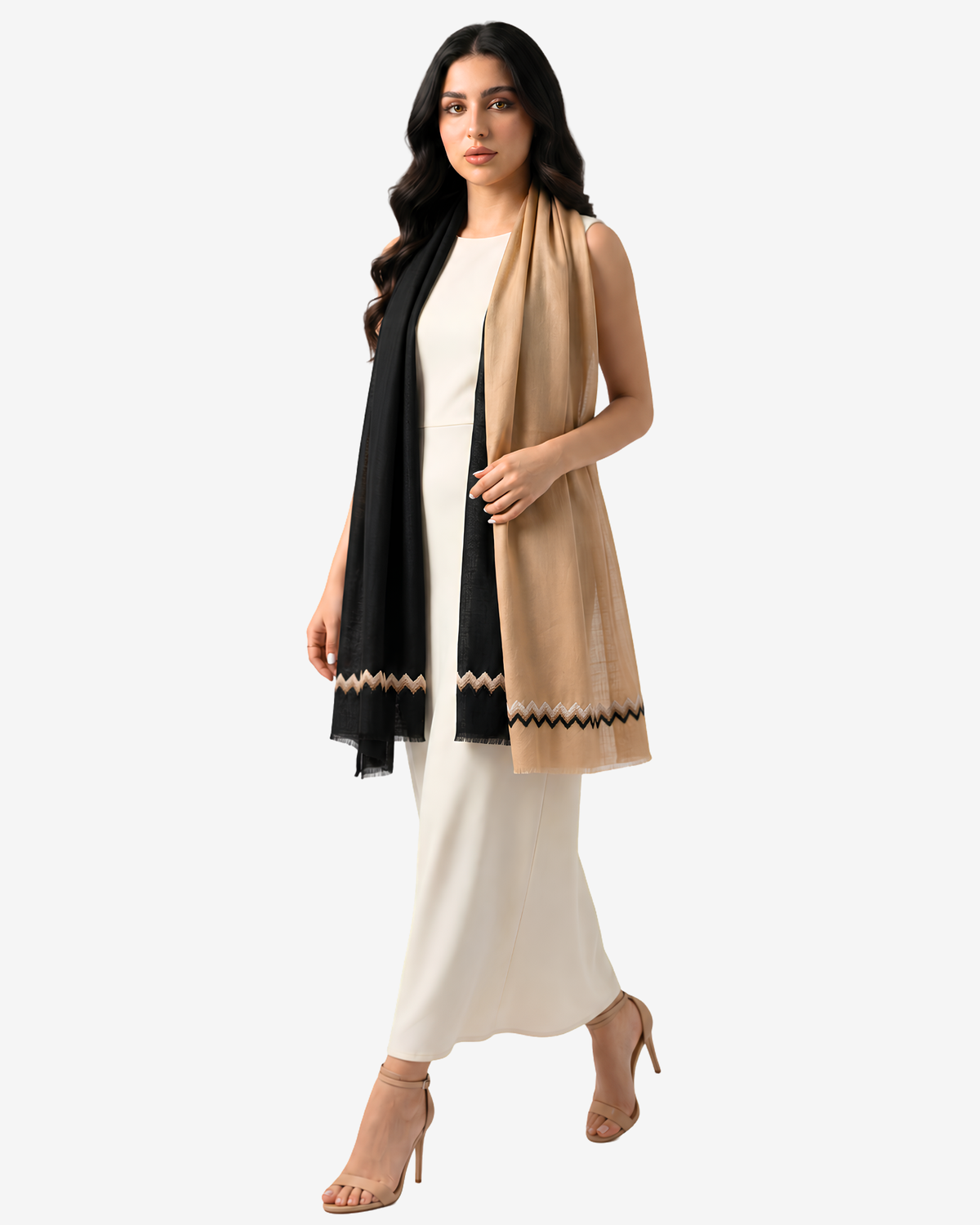 Dual Tone Zigzag Cashmere Silk Shawl styled with contrasting black and camel panels over a white dress