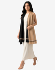 Dual Tone Zigzag Cashmere Silk Shawl styled with contrasting black and camel panels over a white dress