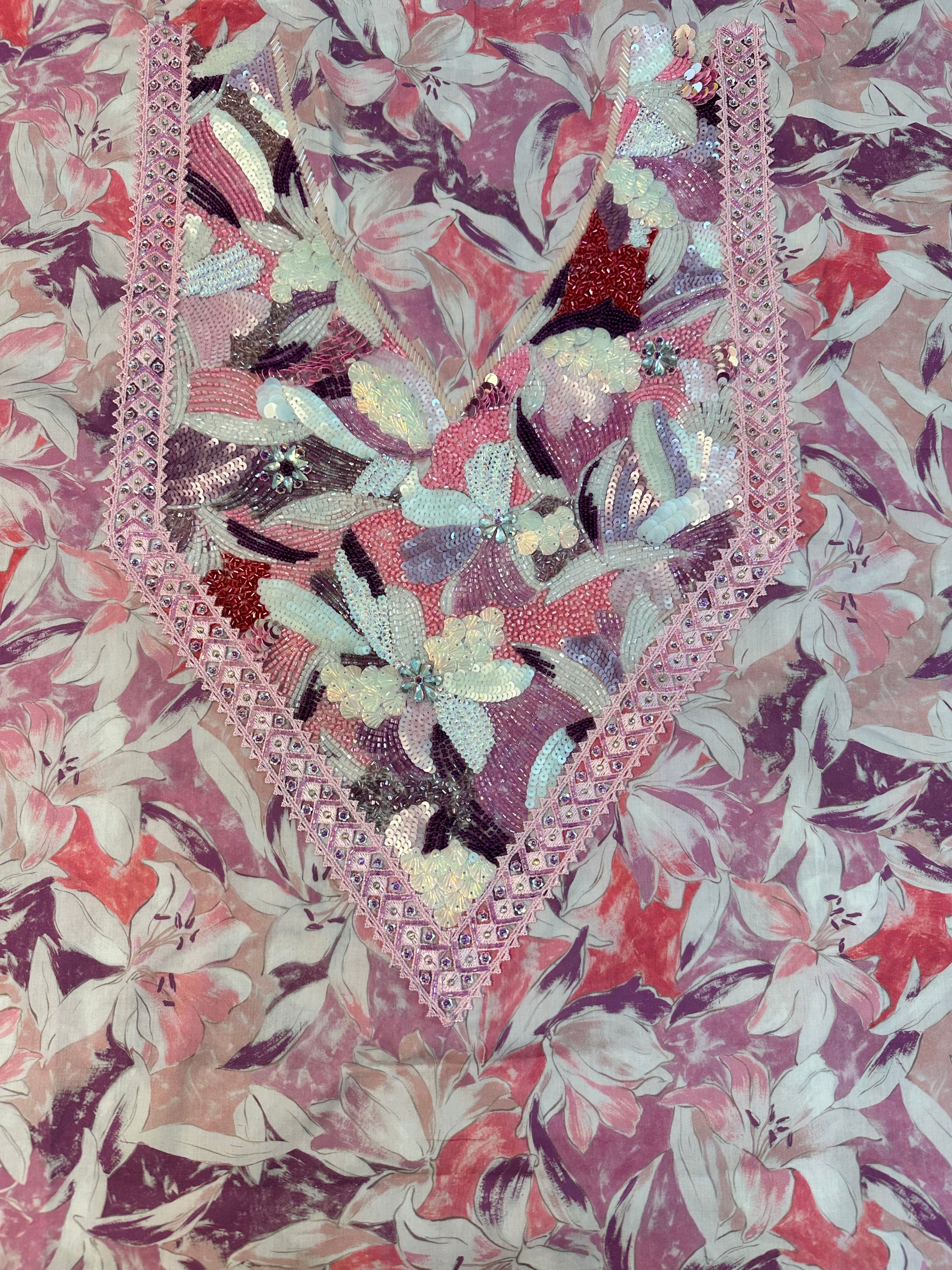 Dusty Rose Botanical Liberty Cotton Mukhawar featuring premium Liberty cotton with an embroidered neck panel and elegant botanical print by Gharza Couture.