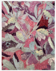 Detailed view of the hand-beaded floral neckline in pink, ivory, plum and red on floral Liberty mukhawar fabric.