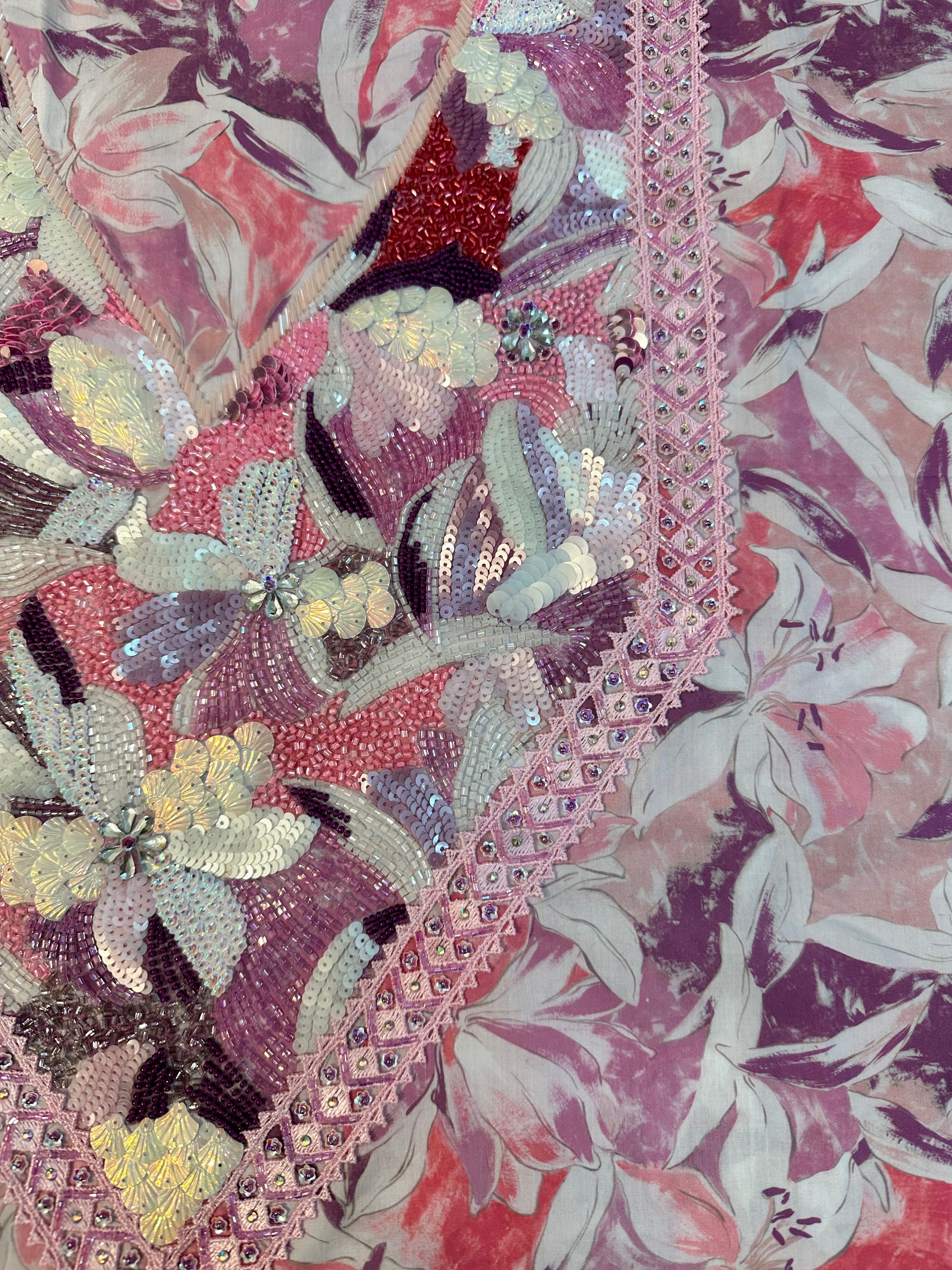 Close-up of the embroidered neck panel on the Dusty Rose Botanical Liberty Cotton Mukhawar showcasing intricate detailing on premium Liberty cotton fabric.