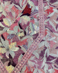 Close-up of the embroidered neck panel on the Dusty Rose Botanical Liberty Cotton Mukhawar showcasing intricate detailing on premium Liberty cotton fabric.
