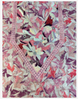 Complete pink floral Liberty mukhawar fabric with an elongated hand-beaded neckline in coral, ivory and plum.
