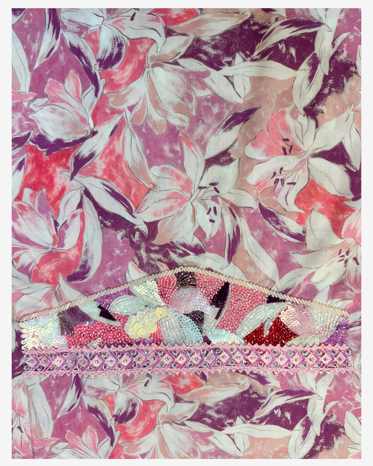 Matching hand design with multicolored beadwork and pink crystal lace on Italian Liberty mukhawar fabric.