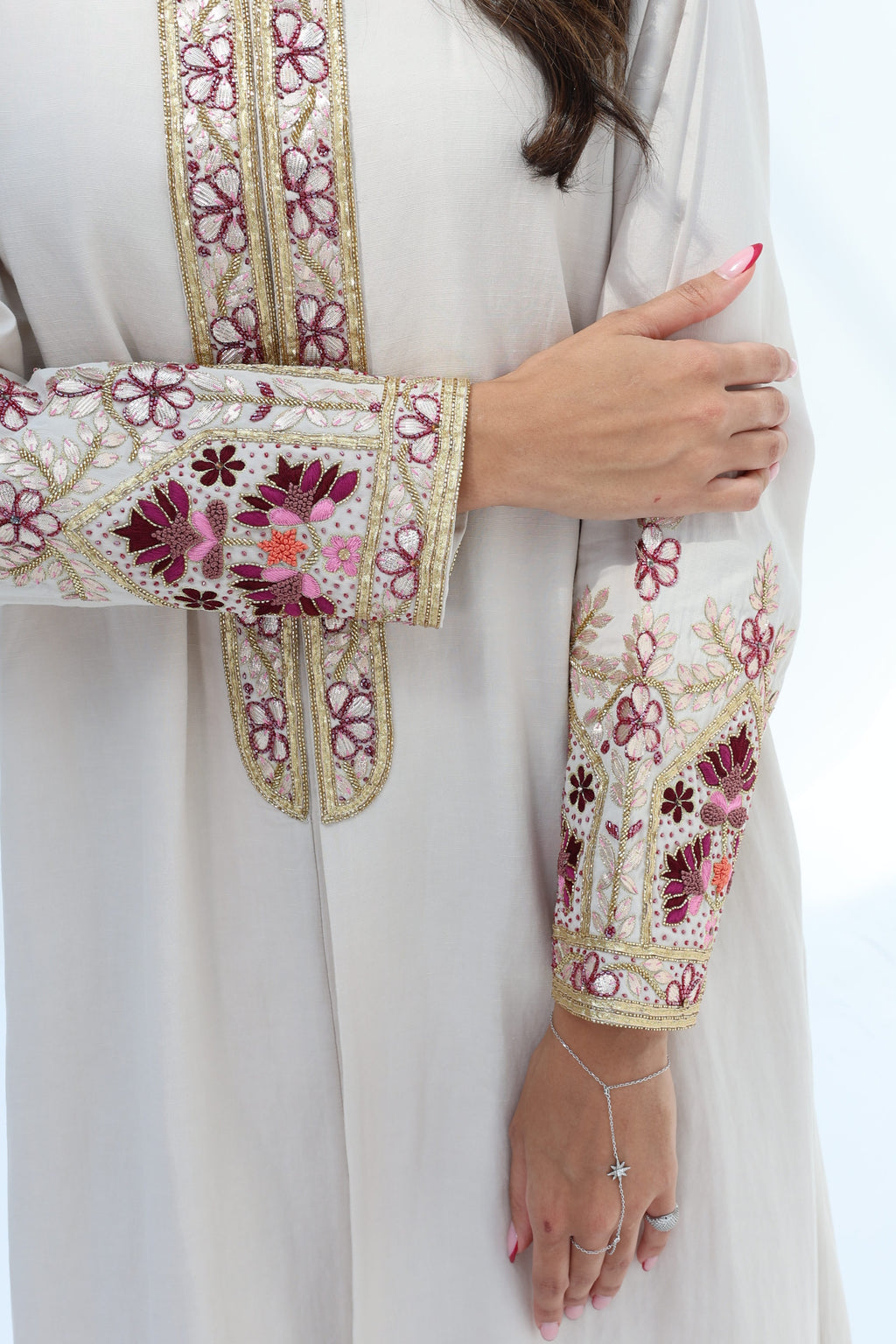 Warda — Sand Floral Embroidered Linen Abaya