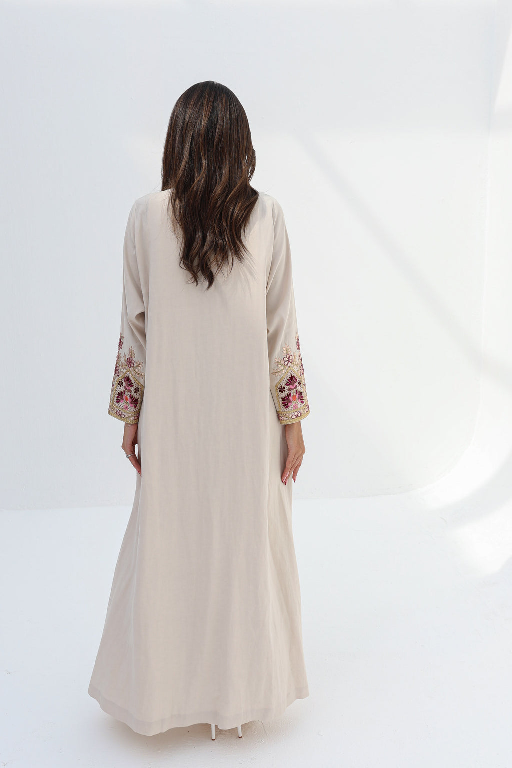 Warda — Sand Floral Embroidered Linen Abaya