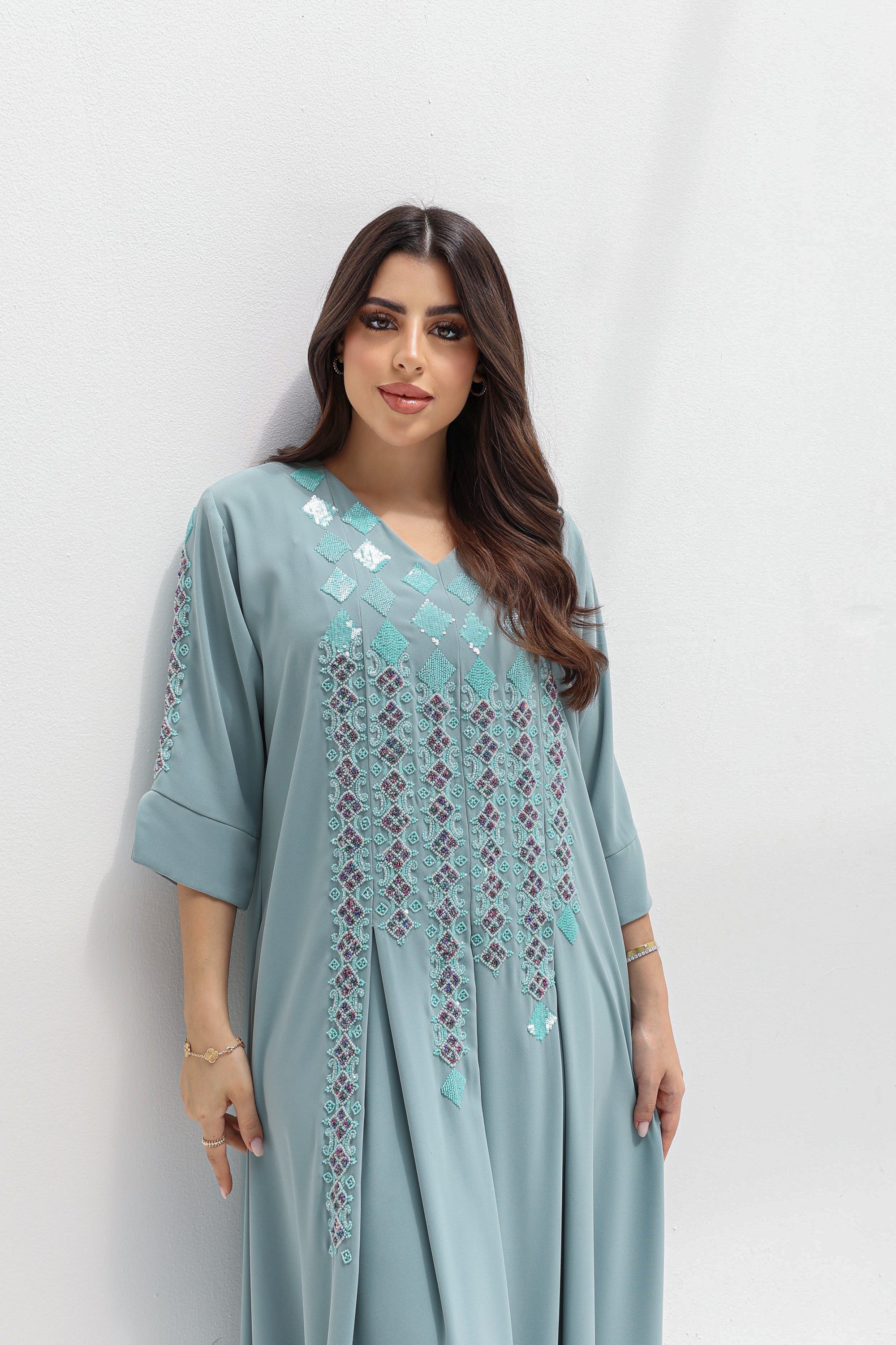 Close front view of Embroidered Butter Crepe Kaftan highlighting the V-neckline and detailed embroidery