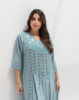 Close front view of Embroidered Butter Crepe Kaftan highlighting the V-neckline and detailed embroidery