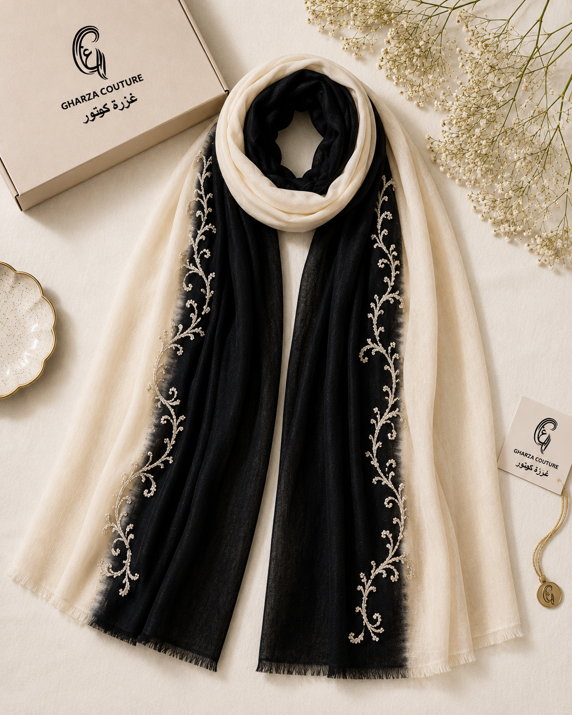 A black and cream scarf with silver floral embroidery, styled on a light beige surface with a branded box, dried flowers, and a small dish.