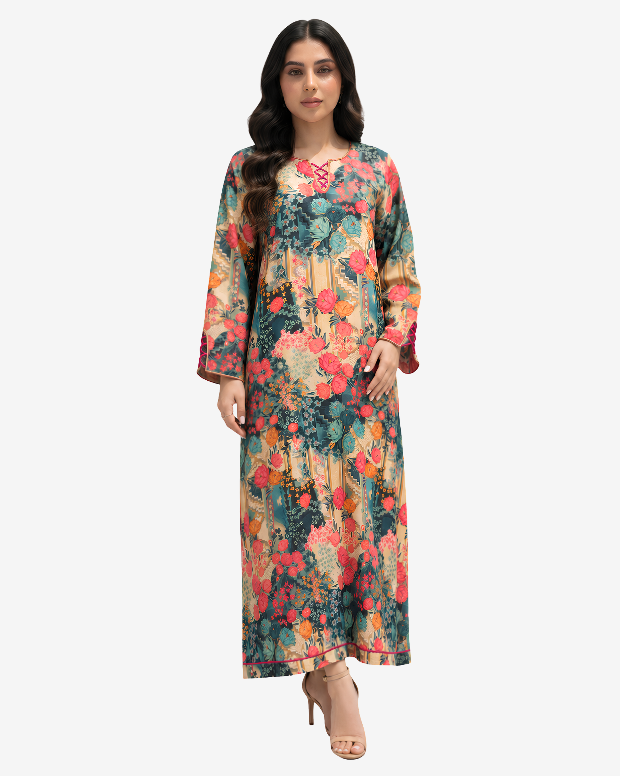 Women's Emerald Botanica floral linen blend jalabiya with lace-up neck, long sleeves and breathable modest luxury design by Gharza Couture.