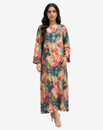 Women's Emerald Botanica floral linen blend jalabiya with lace-up neck, long sleeves and breathable modest luxury design by Gharza Couture.