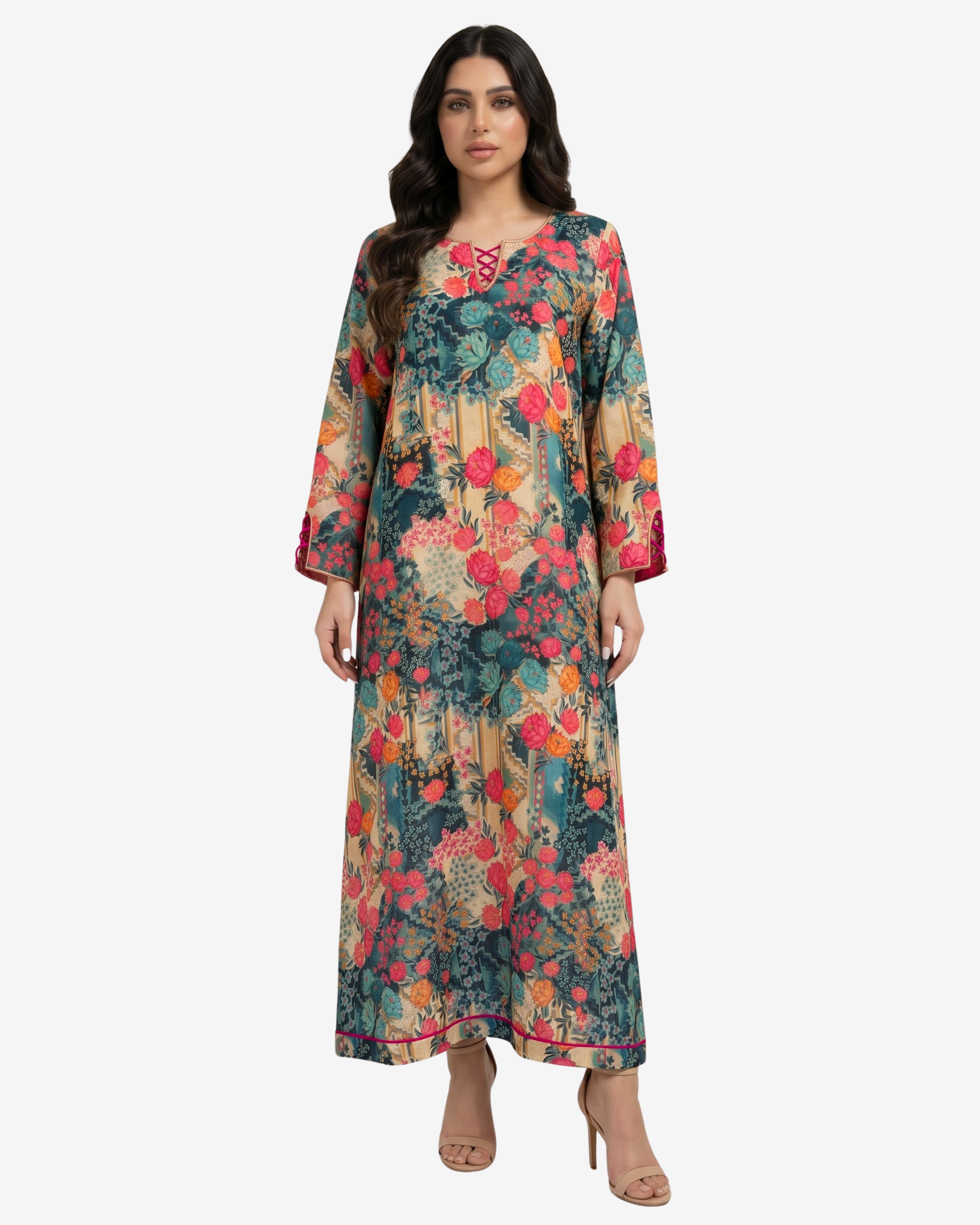 Emerald Botanica Lace-Up Neck Linen Blend Jalabiya by Gharza Couture featuring an emerald botanical floral print and modest full-length silhouette.