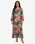 Emerald Botanica Lace-Up Neck Linen Blend Jalabiya by Gharza Couture featuring an emerald botanical floral print and modest full-length silhouette.