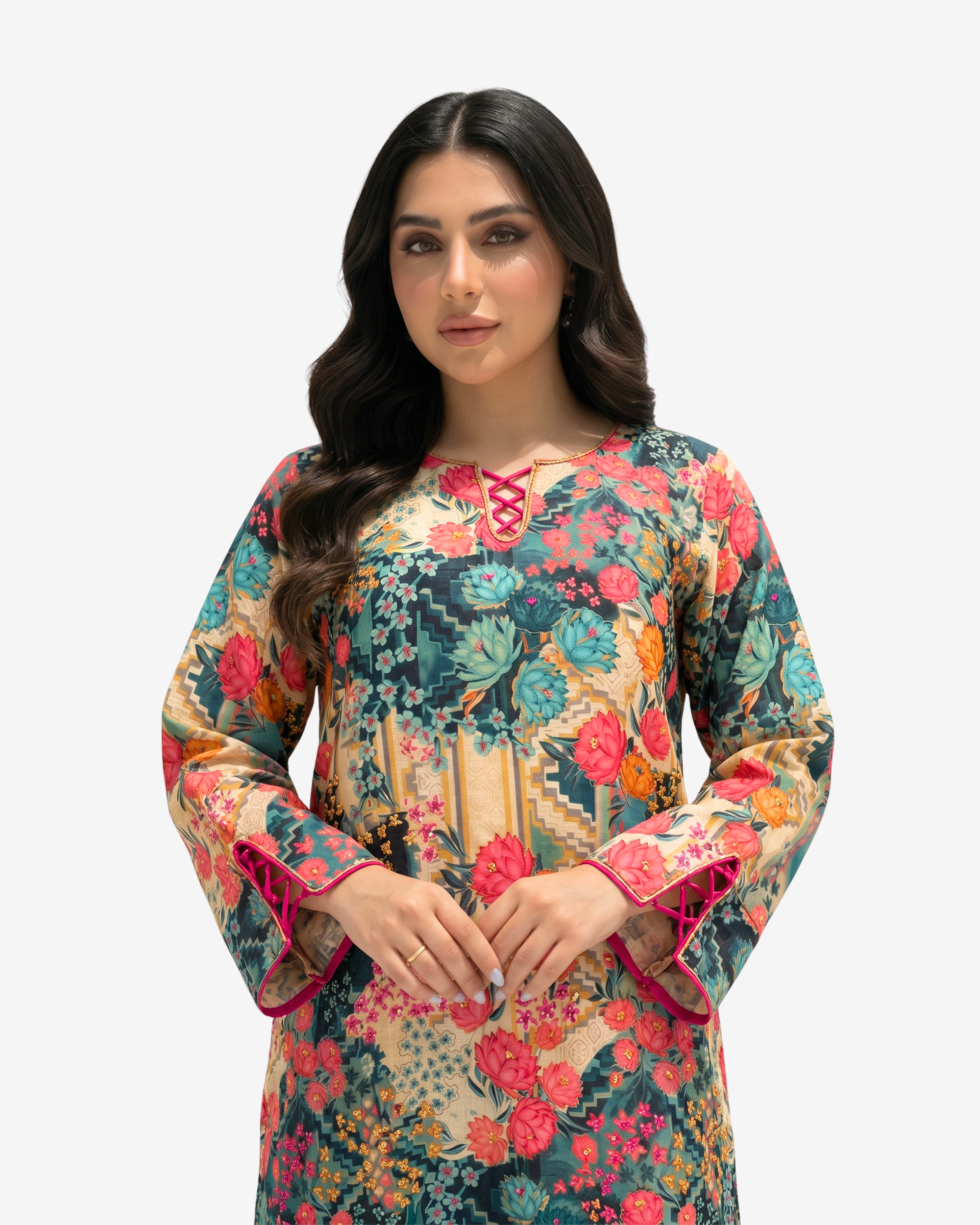 Close-up of the Emerald Botanica Lace-Up Neck Linen Blend Jalabiya showcasing the vibrant botanical print and elegant lace-up neckline by Gharza Couture.