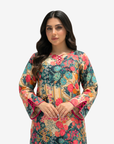Close-up of the Emerald Botanica Lace-Up Neck Linen Blend Jalabiya showcasing the vibrant botanical print and elegant lace-up neckline by Gharza Couture.