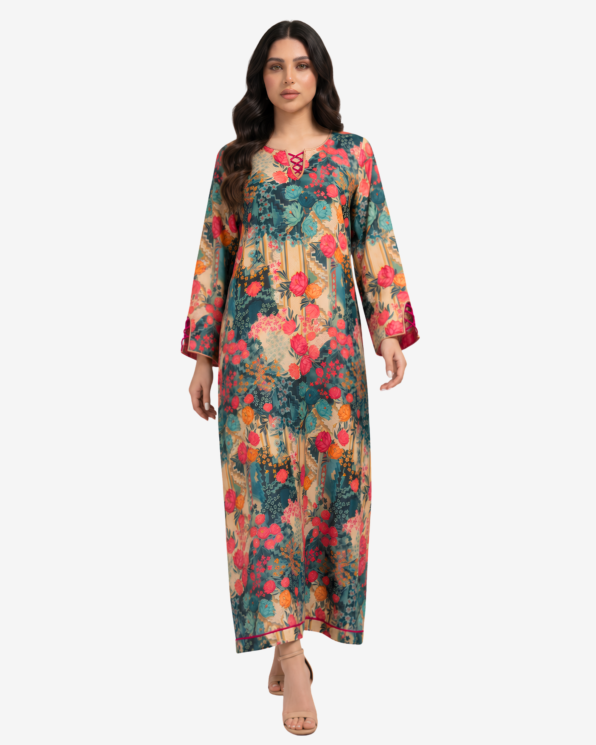 Premium Emerald Botanica botanical print linen blend jalabiya featuring a relaxed fit, full-length silhouette and lace-up neckline.