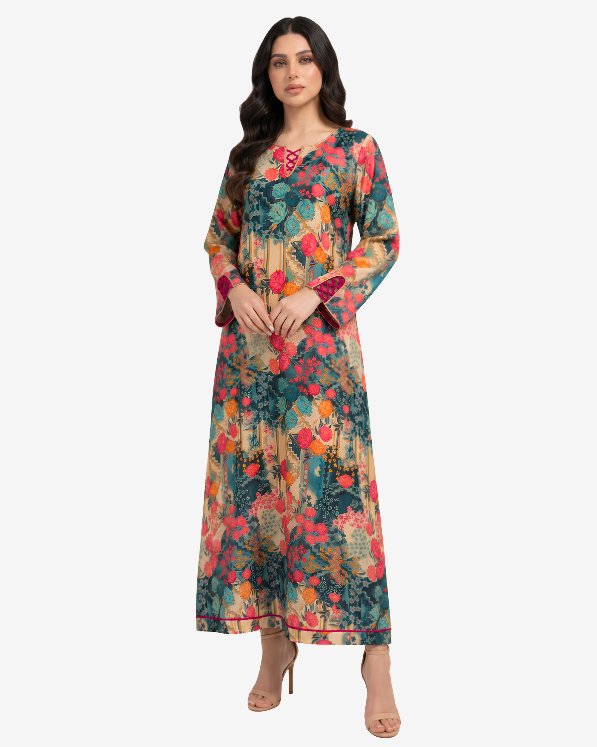 Luxury Emerald Botanica linen blend jalabiya with colorful floral botanical print, lace-up neckline and elegant modest design by Gharza Couture.