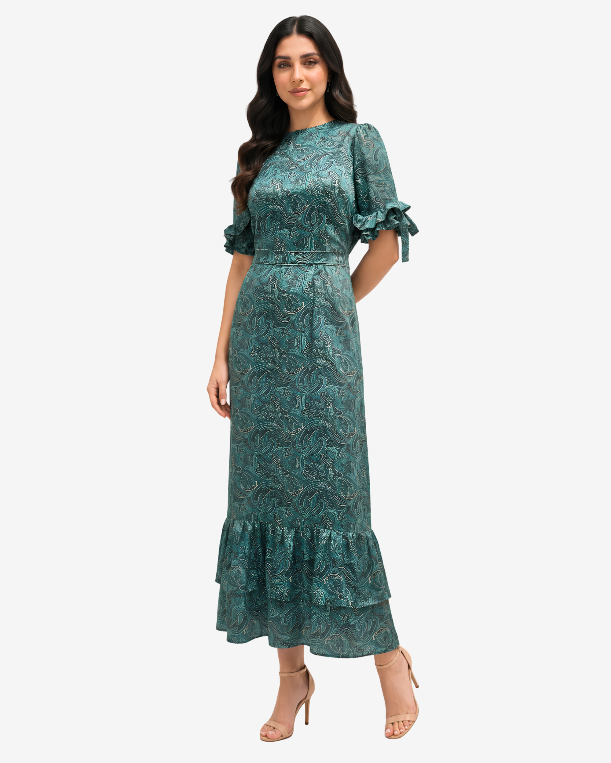 Elegant emerald paisley linen blend dress with tie ruffle sleeves, flowing layered hem, and timeless modest style.
