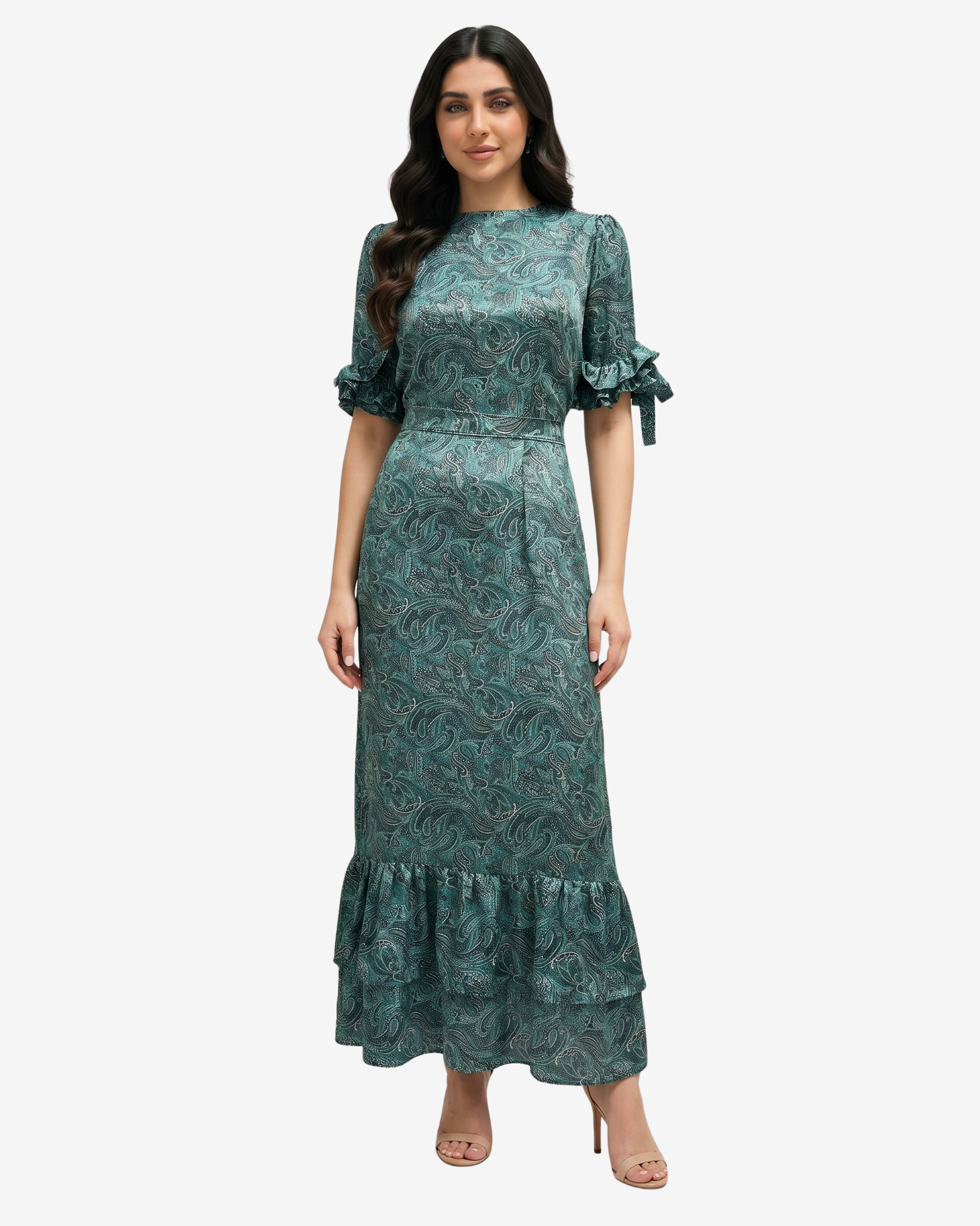 Emerald Paisley Ruffle Sleeve Linen Blend Dress by Gharza Couture featuring a full-length modest silhouette and elegant paisley print.
