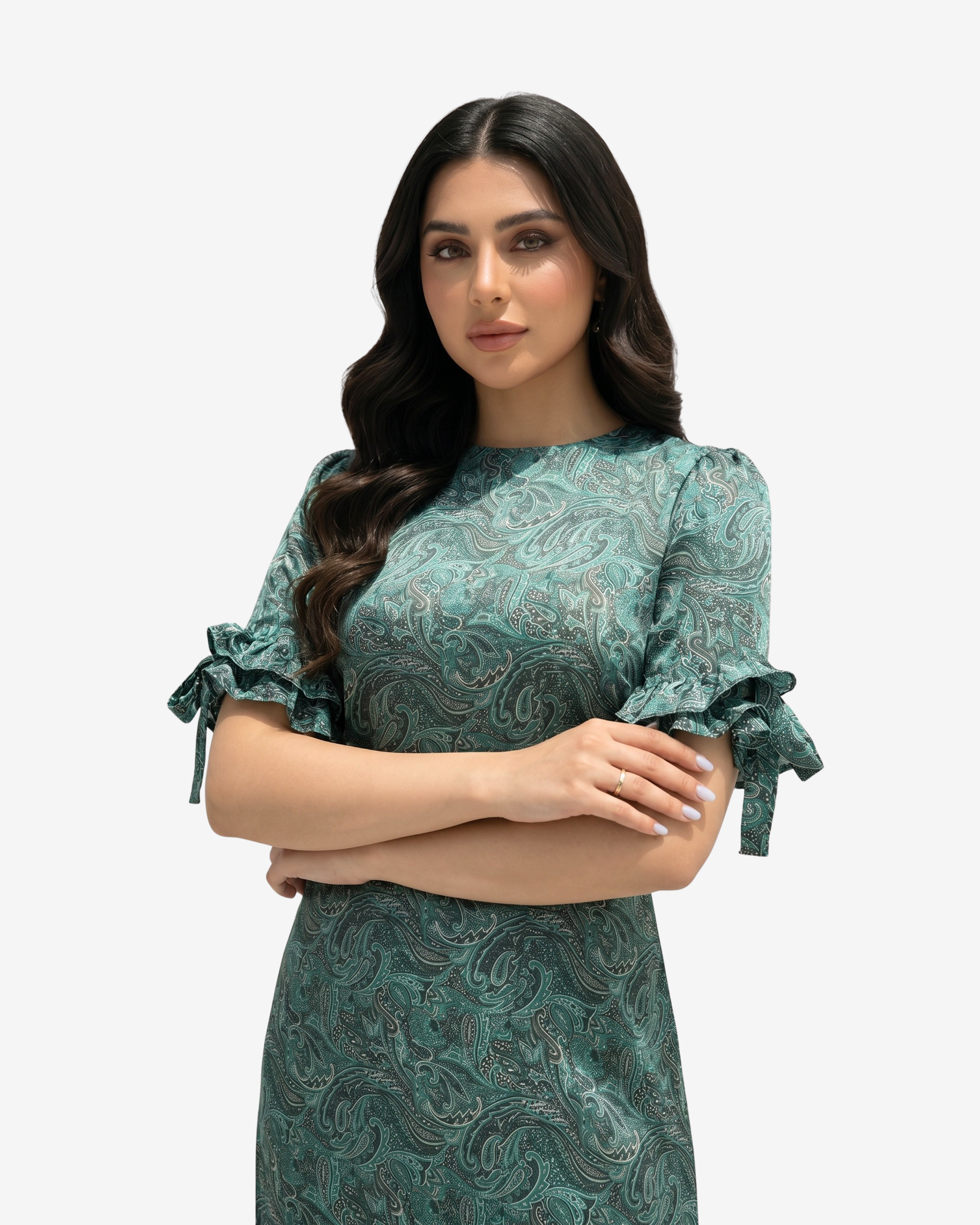 Close-up of the Emerald Paisley Ruffle Sleeve Linen Blend Dress highlighting the round neckline, paisley pattern, and ruffle sleeve details.