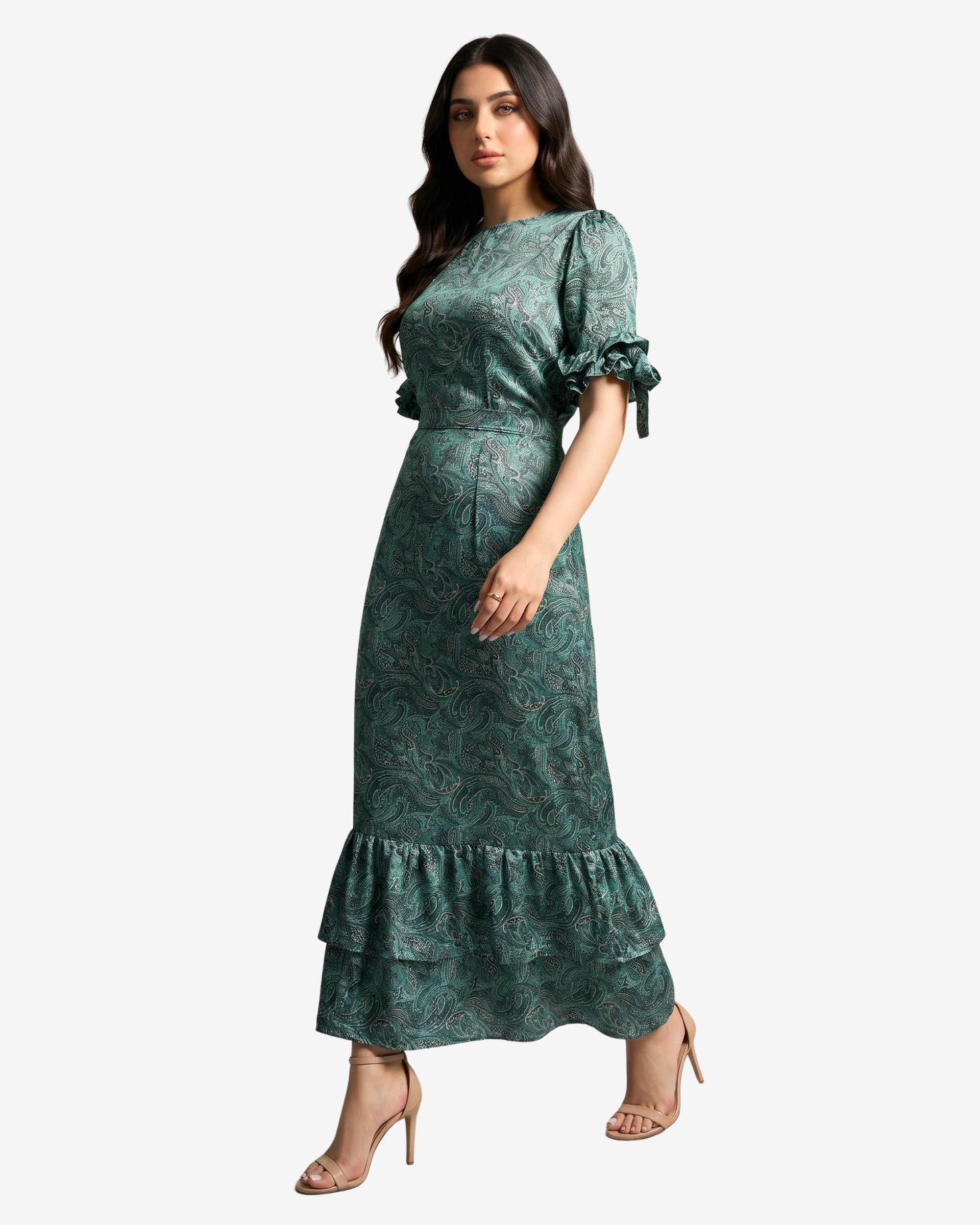 Side view of the Emerald Paisley Ruffle Sleeve Linen Blend Dress showcasing the layered ruffle hem and feminine silhouette.