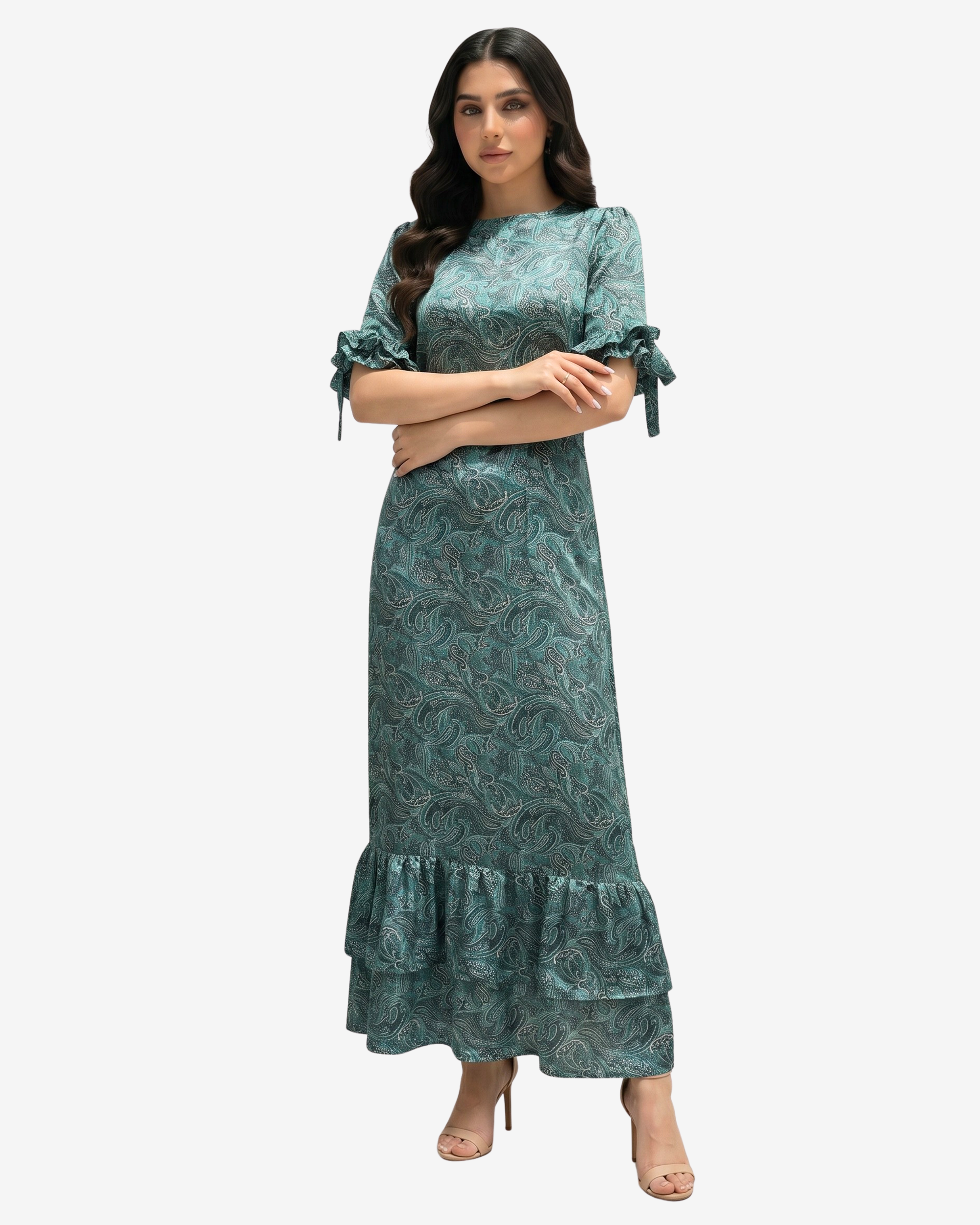 Luxury linen blend modest dress with an emerald paisley print, ruffle sleeves, and a graceful full-length design.