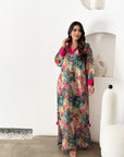 Floral Print Linen Blend Jalabiya for Women with Contrast Neckline