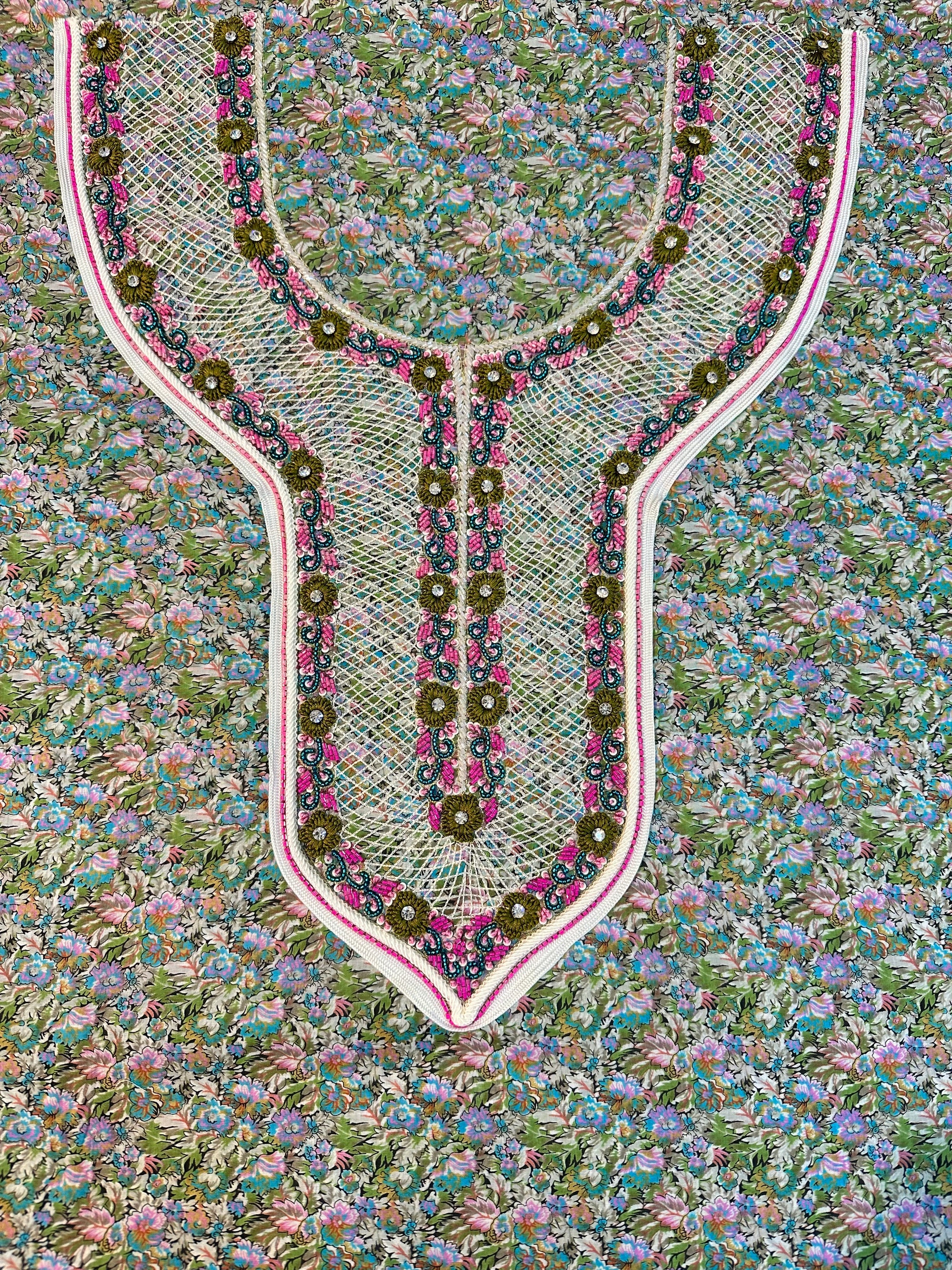 Floral Cotton Mukhawar featuring premium unstitched cotton fabric with an elegant floral print and decorative neckline panel by Gharza Couture.