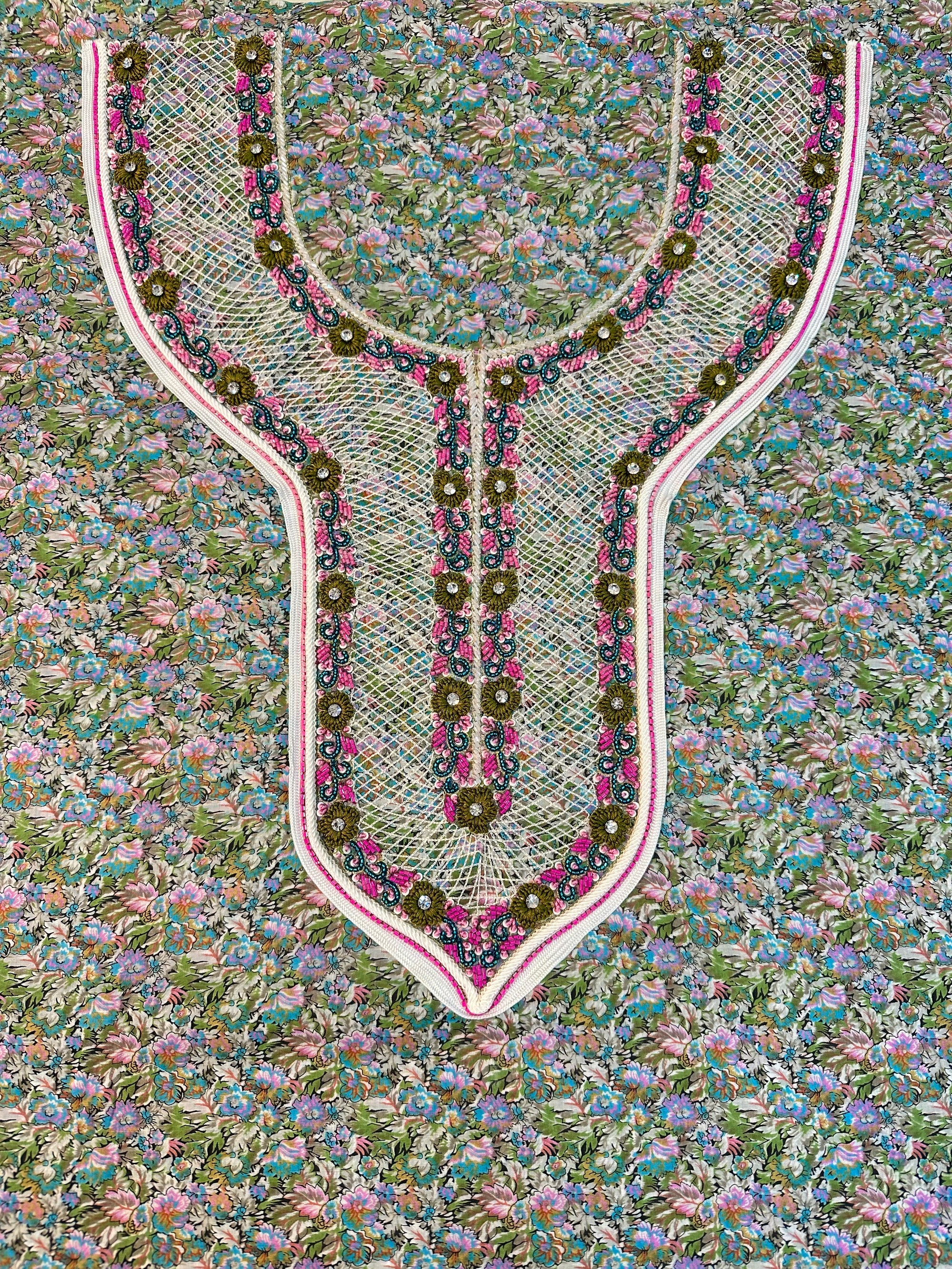Close-up of Floral Cotton Mukhawar showcasing the intricate decorative neckline design on premium unstitched cotton fabric by Gharza Couture.