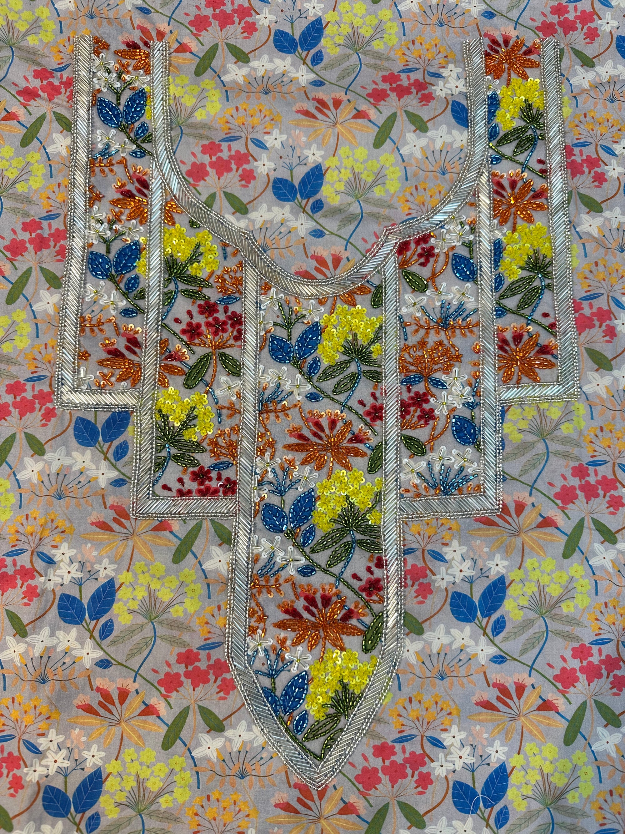 Close-up of Floral Cotton Satin Mukhawar showcasing soft premium cotton satin fabric with an elegant multicolour floral print for custom tailoring.