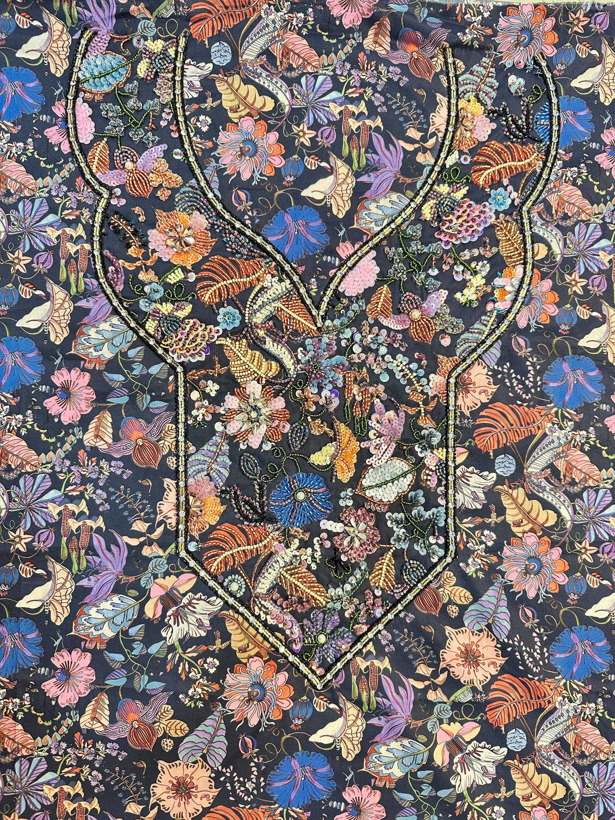 Floral Cotton Tana Lawn Mukhawar fabric with hand embellishment featuring a vibrant botanical print, premium unstitched fabric by Gharza Couture.