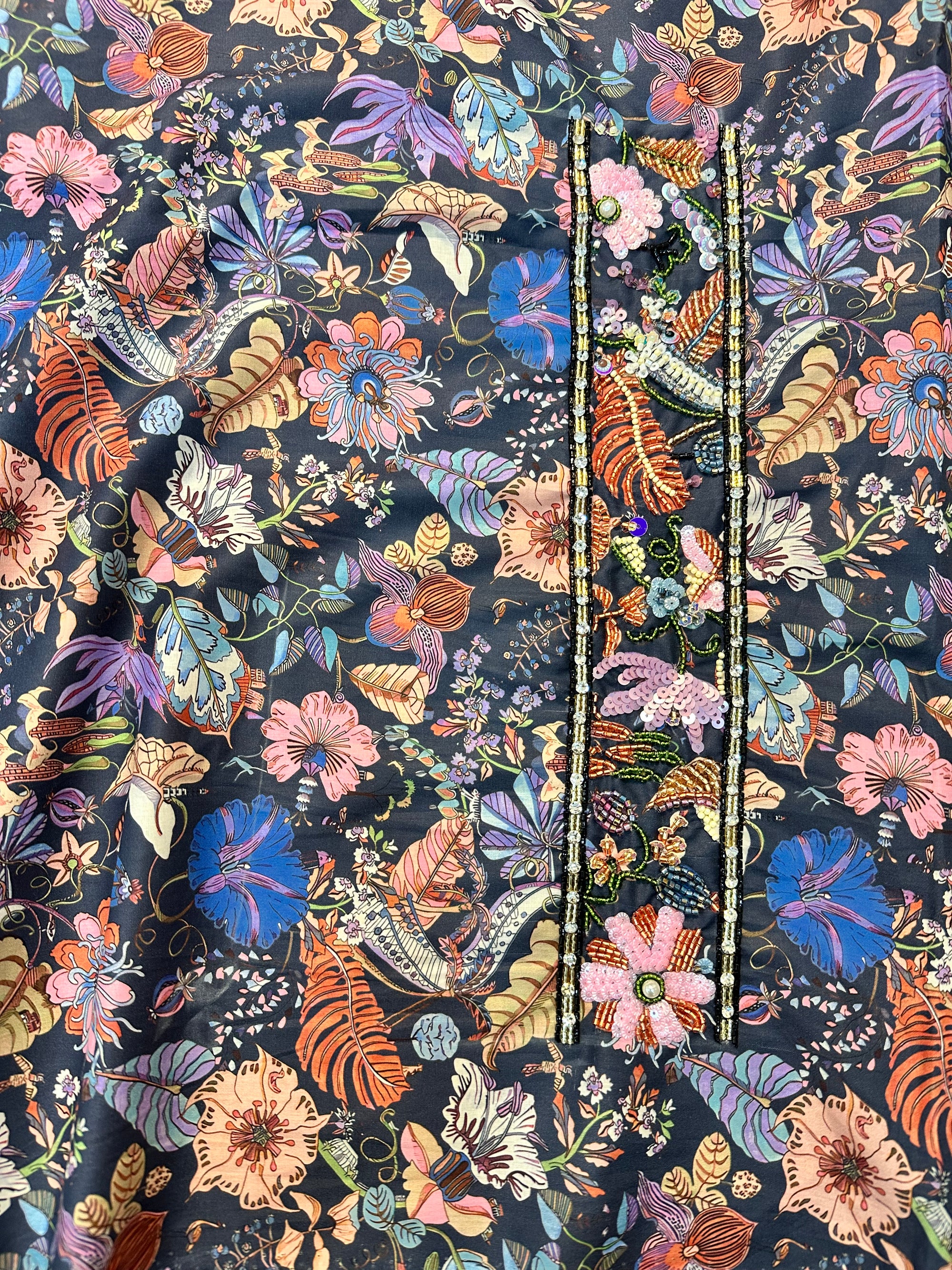 Close-up of Floral Cotton Tana Lawn Mukhawar showcasing intricate hand embellishment and colorful botanical floral print by Gharza Couture.