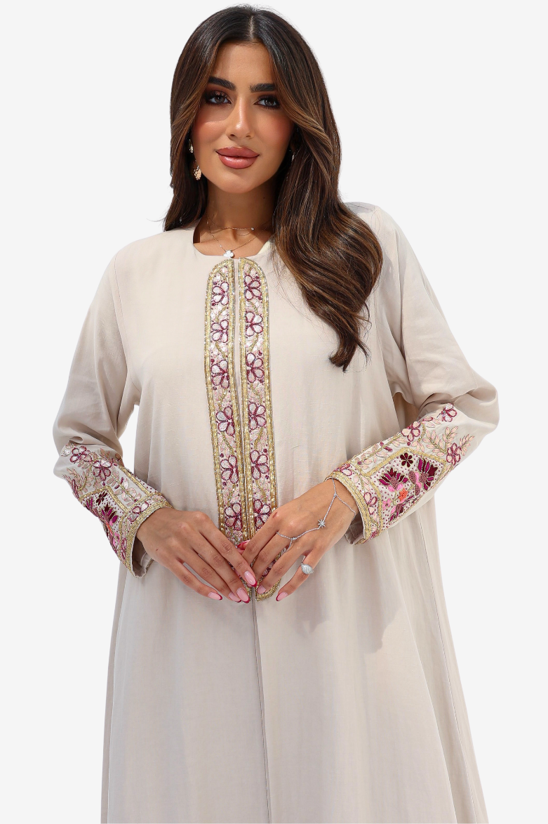 Floral Embroidered Trim Abaya showing round neckline and vertical front embroidery