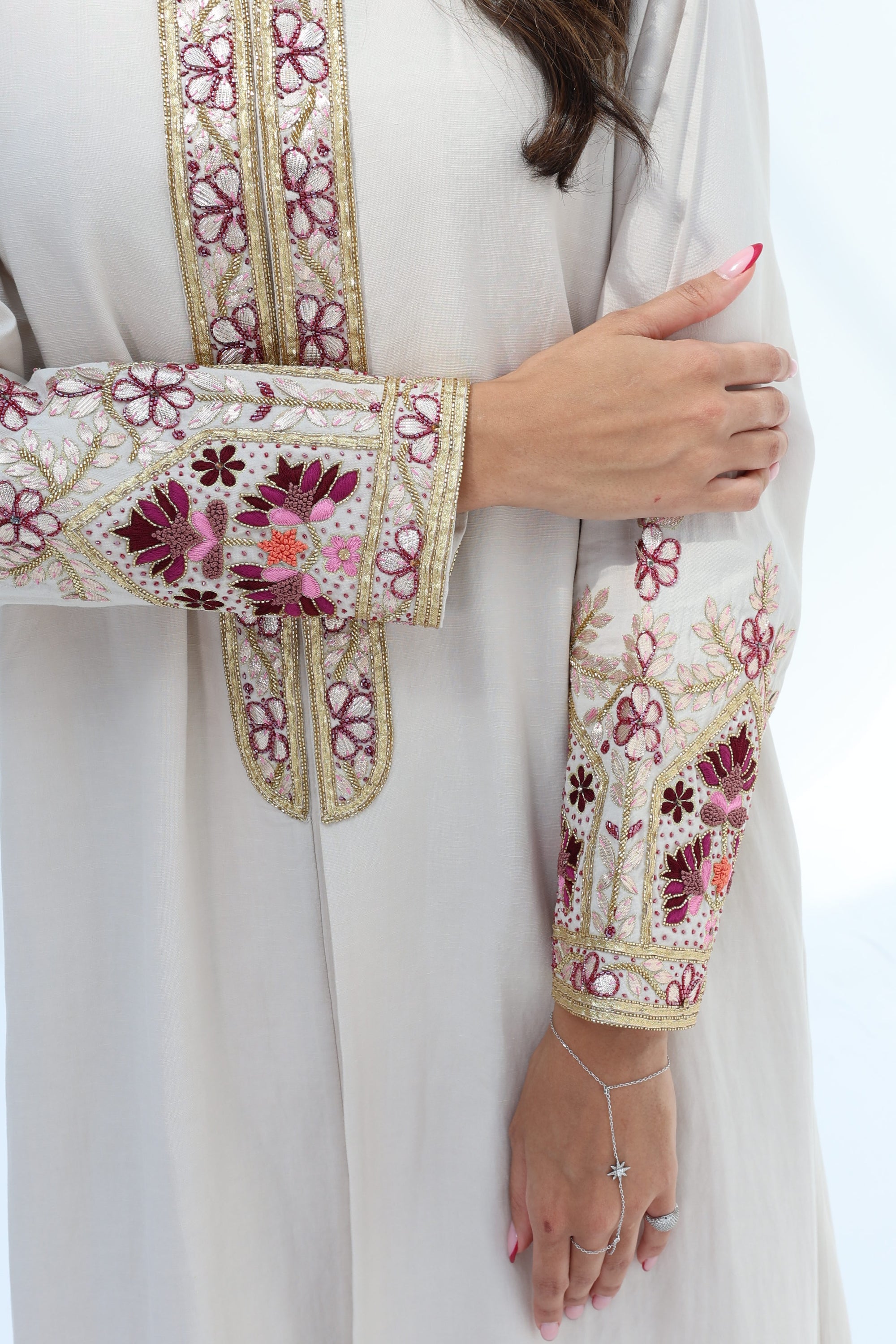 Close-up of Floral Embroidered Trim Abaya showing colourful cuff embroidery