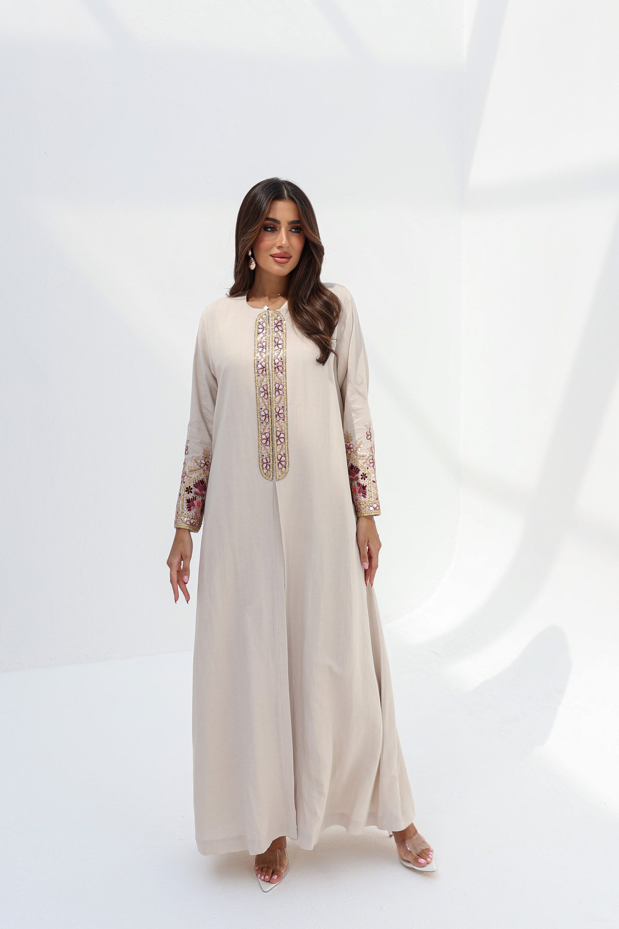 Full-length Floral Embroidered Trim Abaya with colourful front and cuff embroidery