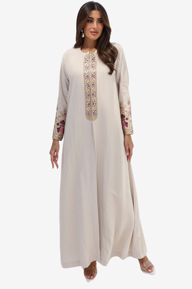Ivory Floral Embroidered Trim Abaya with detailed front panel and embroidered cuffs