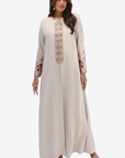 Ivory Floral Embroidered Trim Abaya with detailed front panel and embroidered cuffs