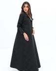 Side view of the Floral Textured Blazer Abaya by Gharza Couture highlighting its graceful drape and elegant open-front design.
