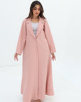 Full-length Blush Pink Blazer Textured Stretch Abaya by Gharza Couture with elegant open-front design and modest silhouette.